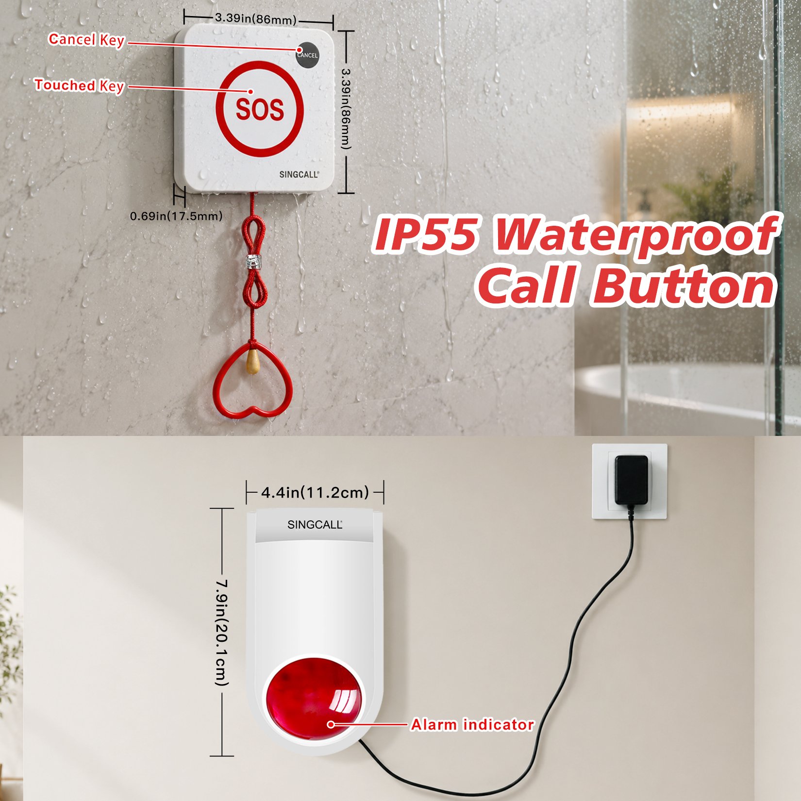 SINGCALL Emergency Strobe Siren Waterproof Pull Cord Panic Alarm System Safety Call Button for Home Factory Hospital Shop Caregiver Alert Pager for Seniors Disabled Patient 2 SOS Call Buttons